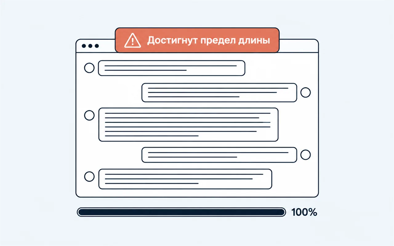 Окно чата с переполненной перепиской, сверху терракотовое предупреждение «Достигнут предел длины», внизу шкала, заполненная до конца