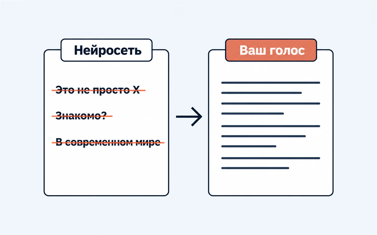 Слева лист нейросети с зачёркнутыми фразами, справа лист с пометкой «Ваш голос» и ровным текстом
