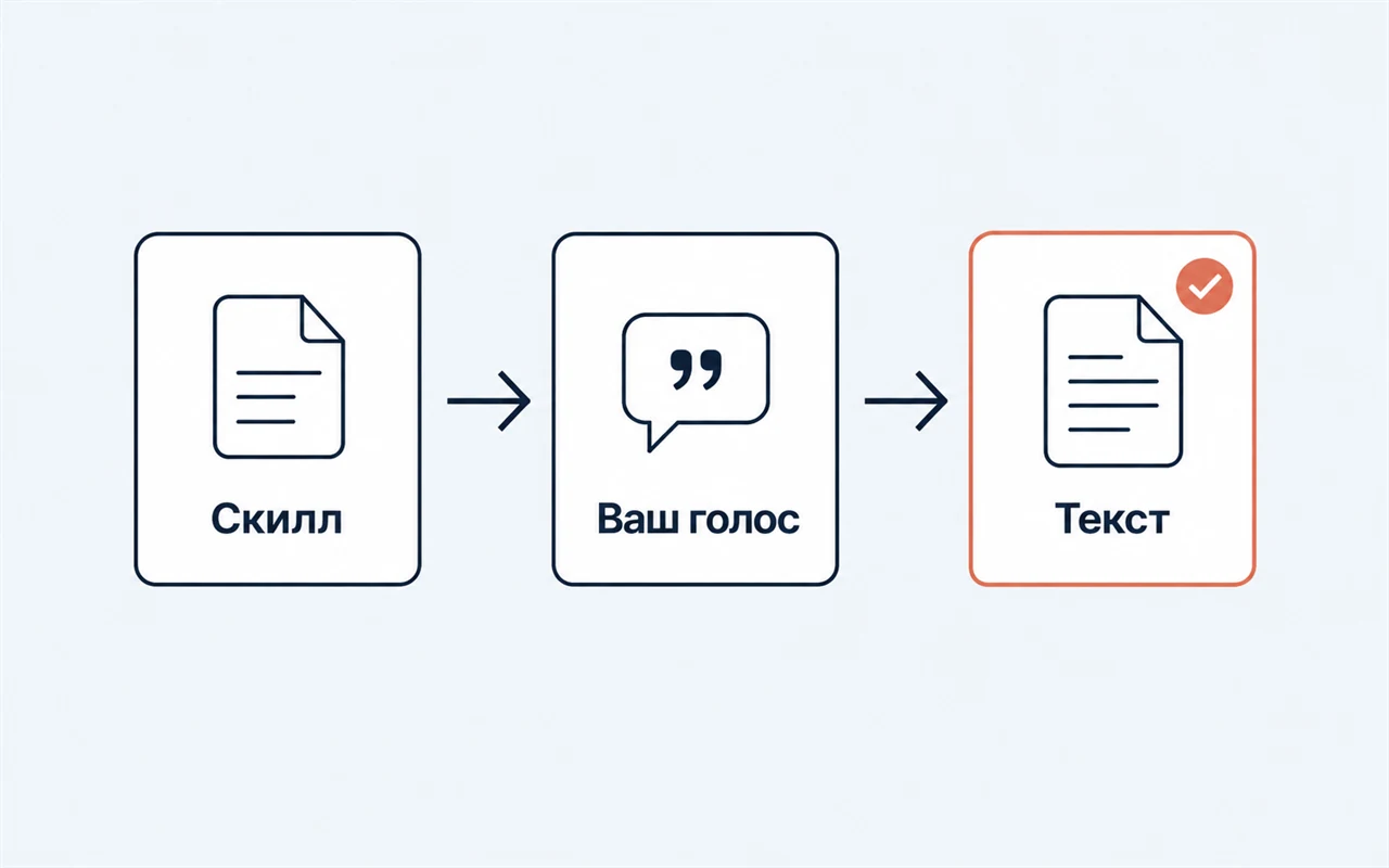 Карточки со стрелками: скилл, ваш голос, готовый текст с отметкой