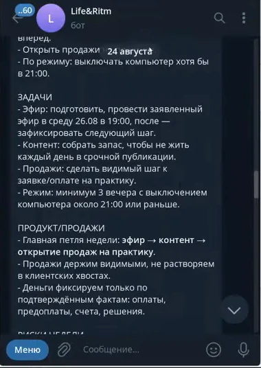 Недельная ретроспектива бота: фокус, задачи, продукт и продажи, риски (стоп-кадр записи)