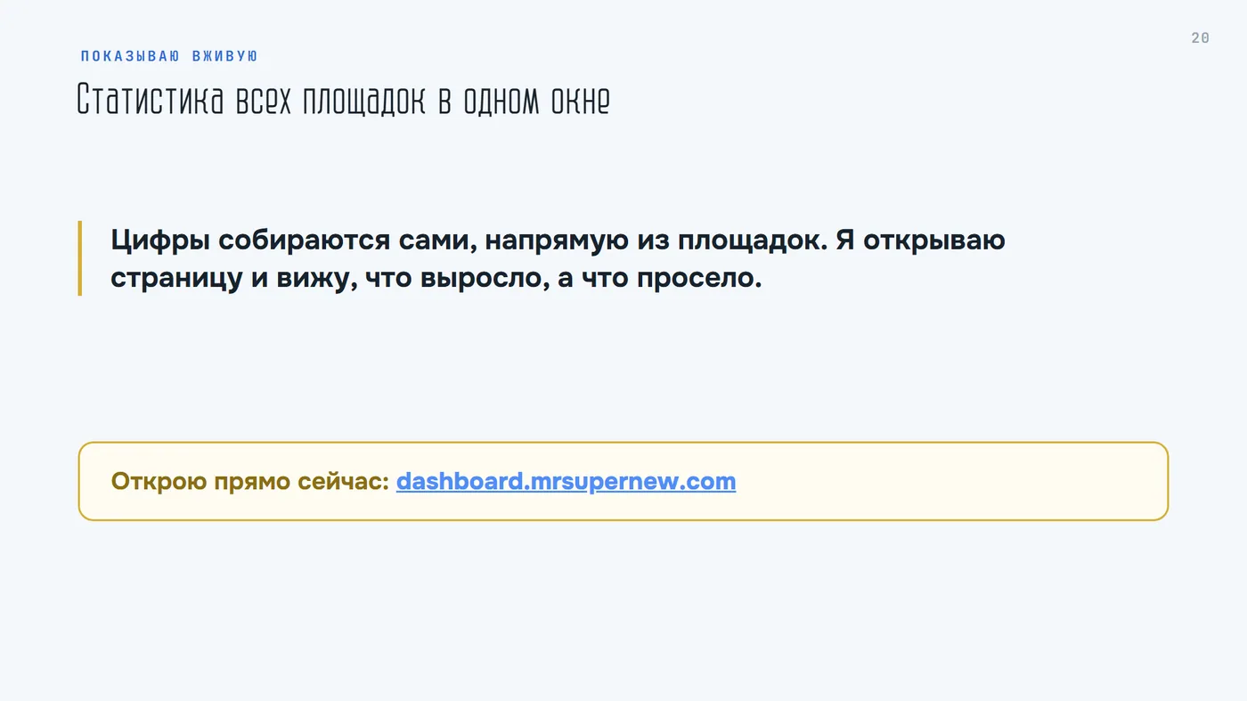 Статистика всех площадок в одном окне, dashboard.mrsupernew.com