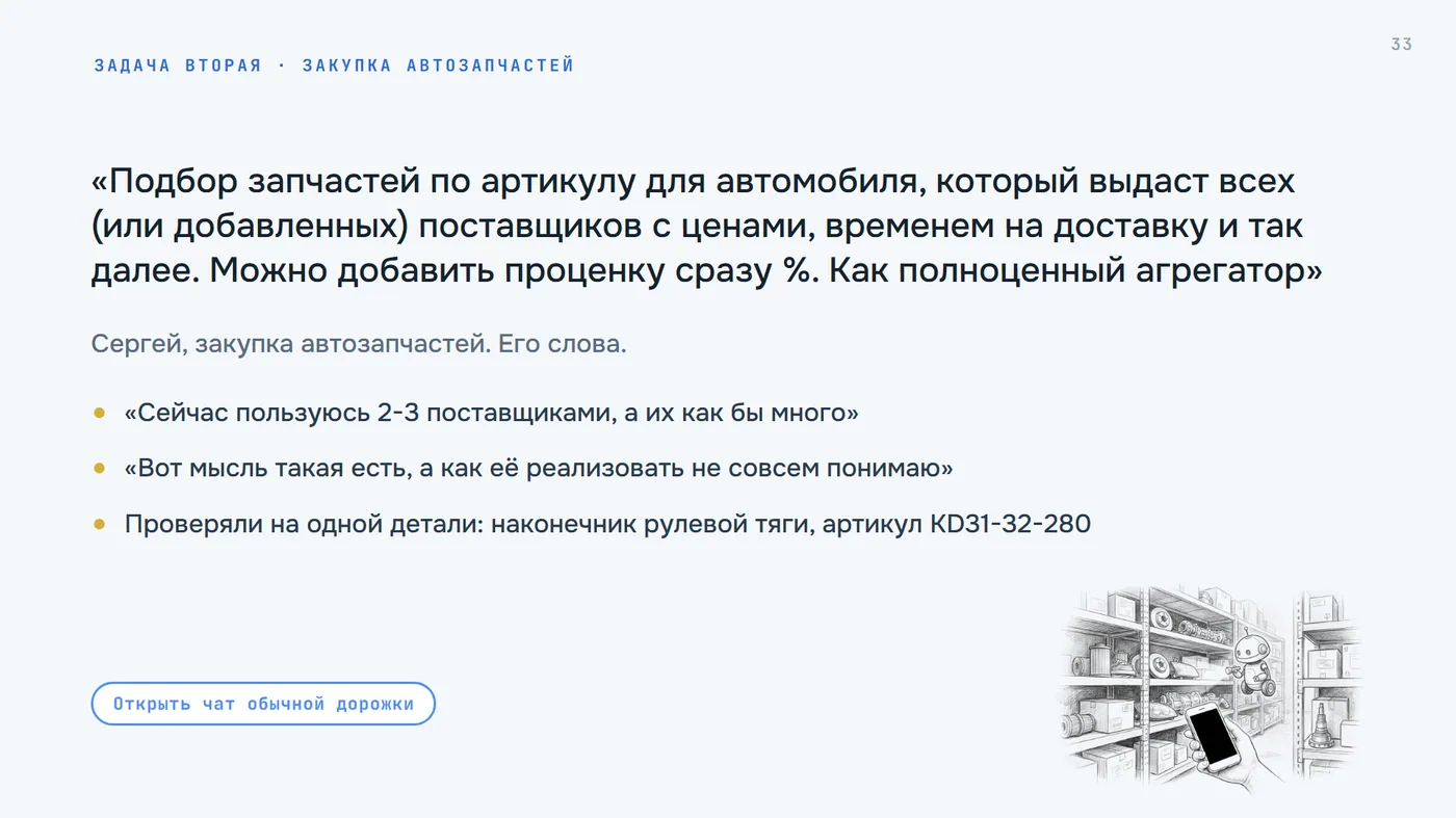 Задача вторая: закупка автозапчастей, слова Сергея