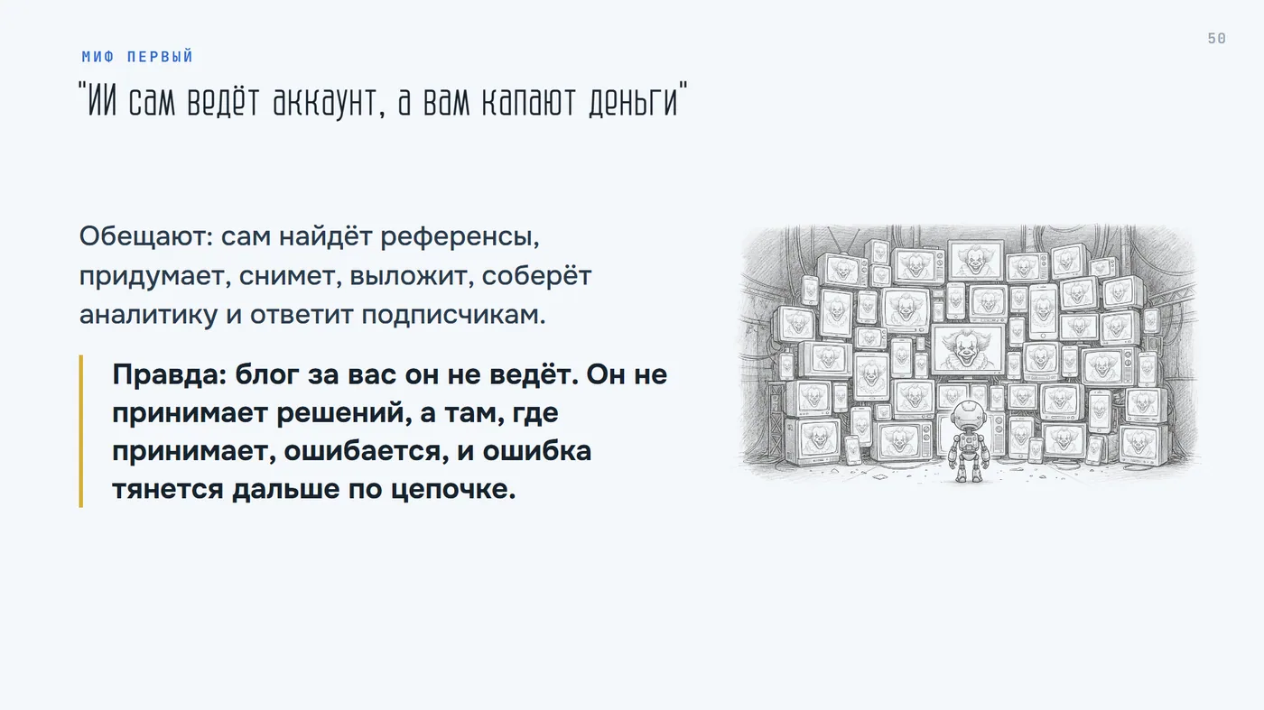 Миф 1. ИИ сам ведёт аккаунт, а вам капают деньги