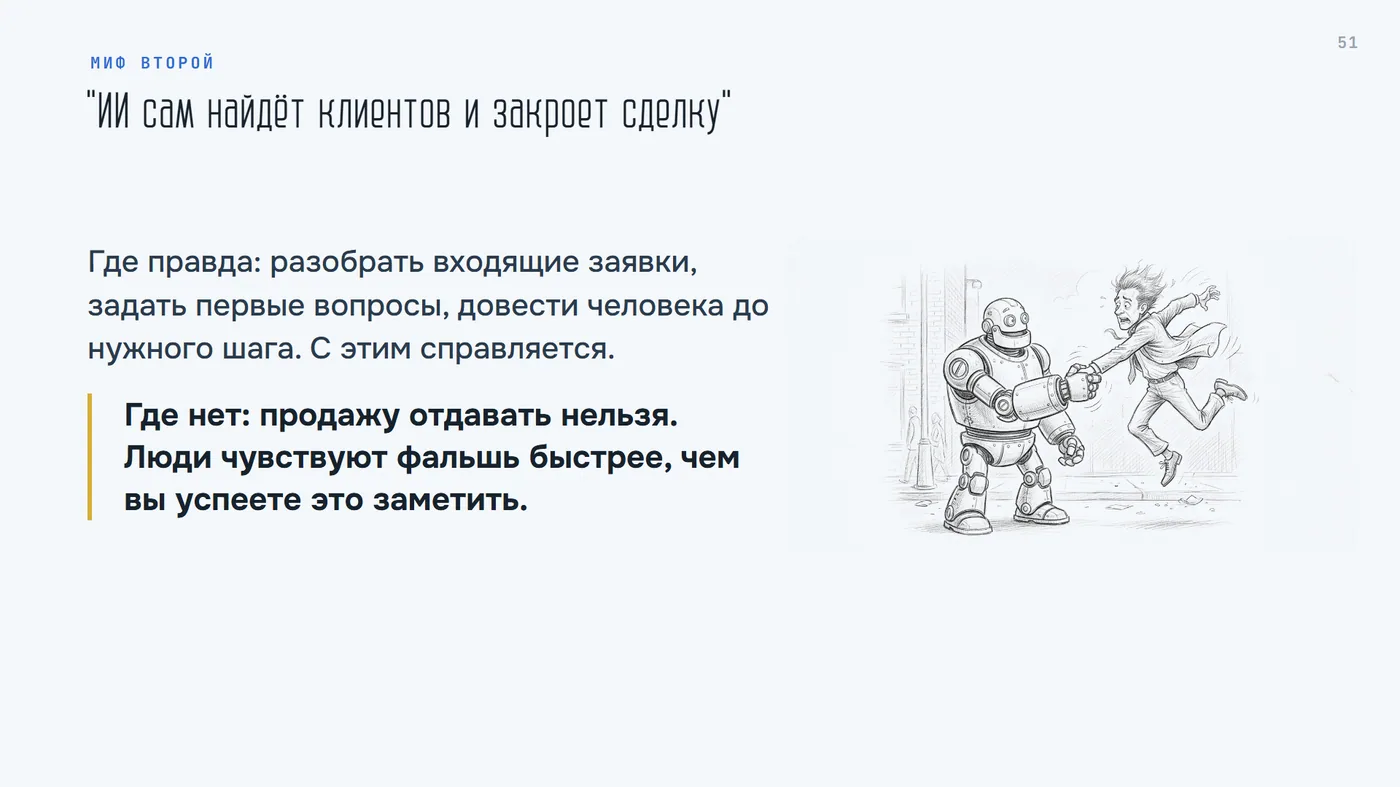 Миф 2. ИИ сам найдёт клиентов и закроет сделку